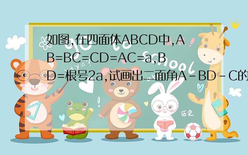 如图,在四面体ABCD中,AB=BC=CD=AC=a,BD=根号2a,试画出二面角A-BD-C的平面角,并求平面角度数.